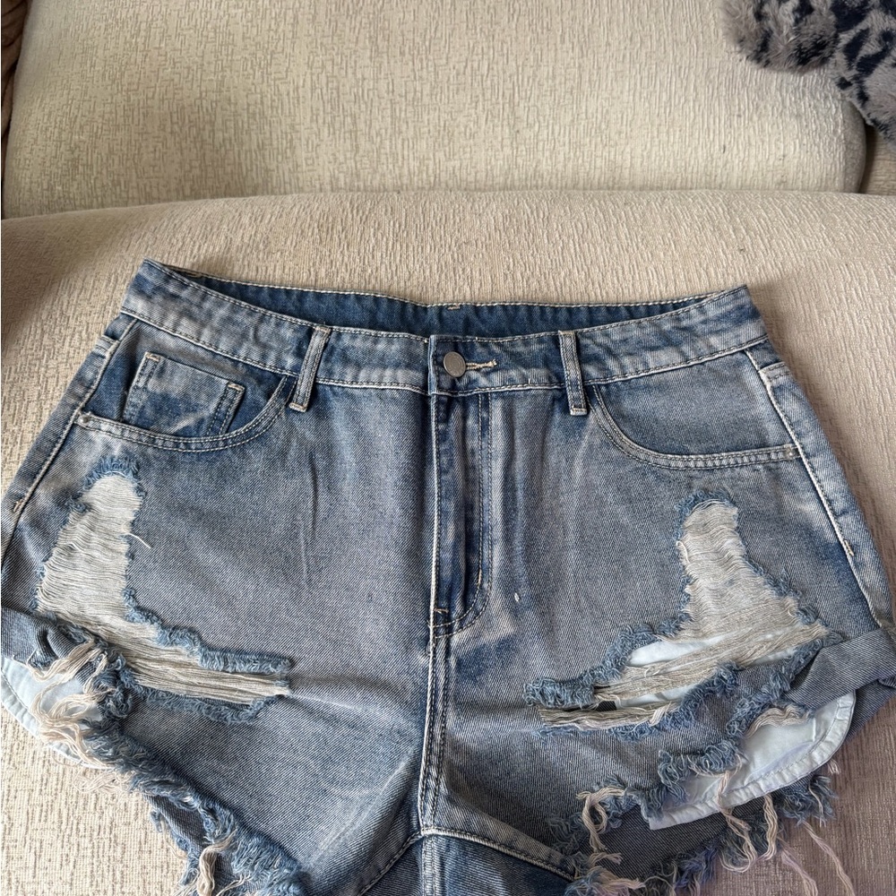 High-Rise Distressed Denim Shorts - Light Blue